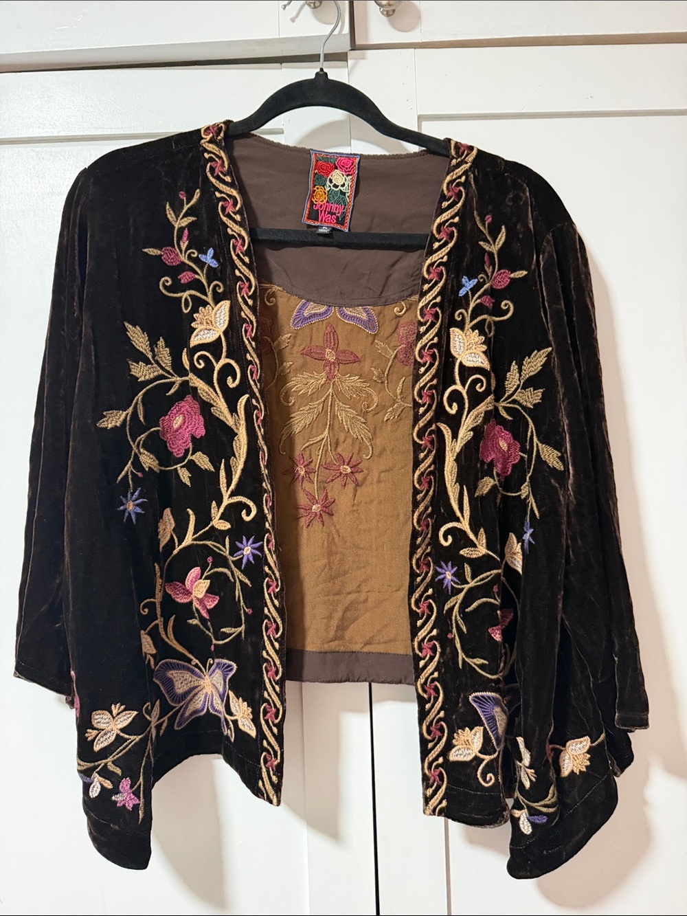 Johnny Was Black Velvet Embroidered Floral Cardigan with Gold Lining